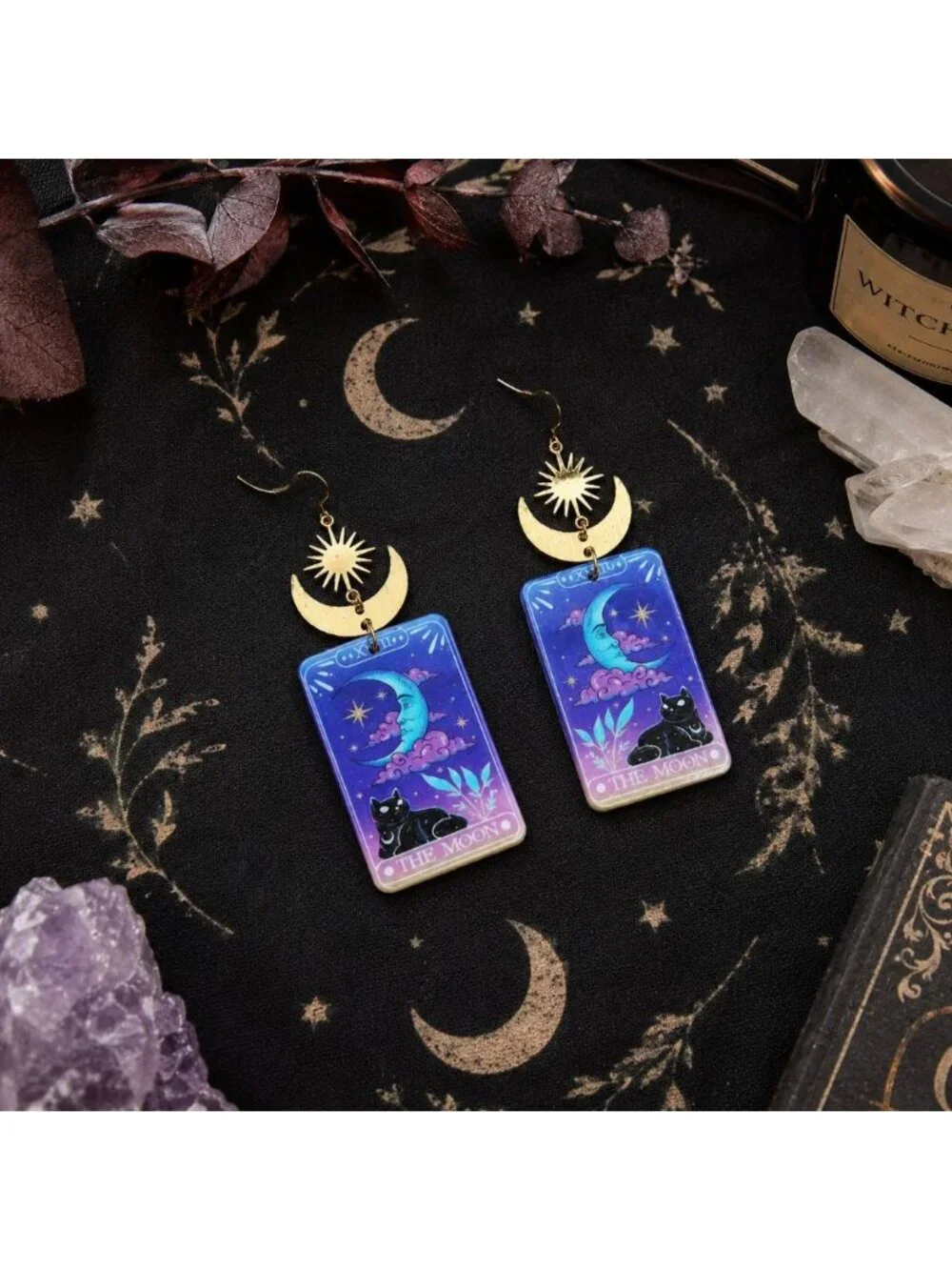 The Moon Black Cat Tarot Style Dangle Earrings Acrylic Handmade Celestial Sun